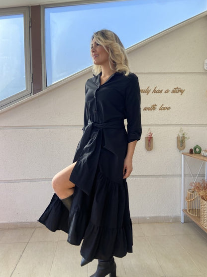 JANE'S Damen Langarm Rüschen Taillengürtel Strickkleid Maxi Hemd Kleid