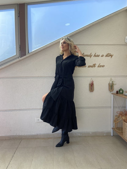 JANE'S Damen Langarm Rüschen Taillengürtel Strickkleid Maxi Hemd Kleid