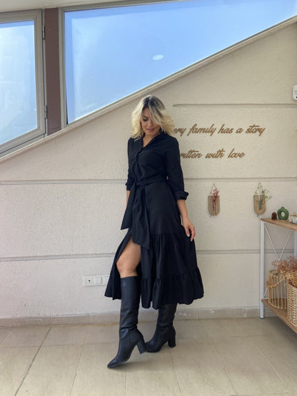 JANE'S Damen Langarm Rüschen Taillengürtel Strickkleid Maxi Hemd Kleid