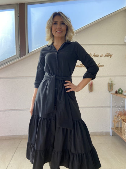 JANE'S Damen Langarm Rüschen Taillengürtel Strickkleid Maxi Hemd Kleid