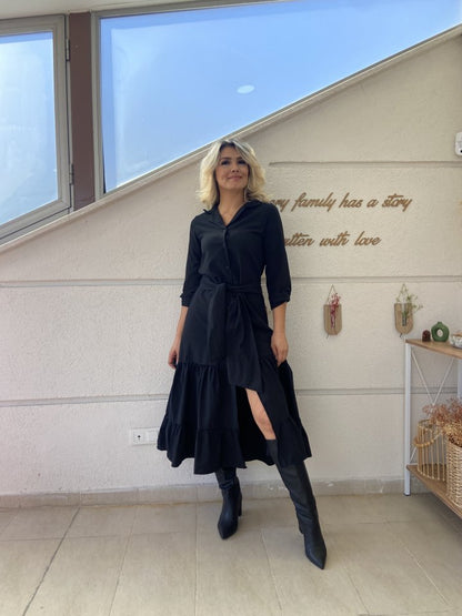 JANE'S Damen Langarm Rüschen Taillengürtel Strickkleid Maxi Hemd Kleid
