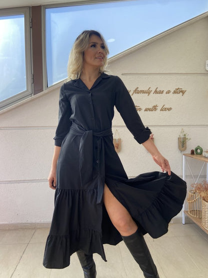 JANE'S Damen Langarm Rüschen Taillengürtel Strickkleid Maxi Hemd Kleid