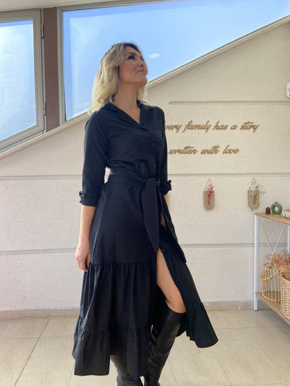 JANE'S Damen Langarm Rüschen Taillengürtel Strickkleid Maxi Hemd Kleid
