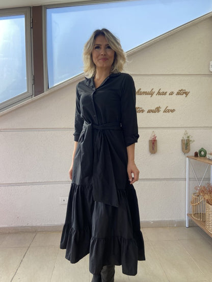 JANE'S Damen Langarm Rüschen Taillengürtel Strickkleid Maxi Hemd Kleid
