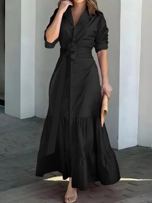JANE'S Damen Langarm Rüschen Taillengürtel Strickkleid Maxi Hemd Kleid