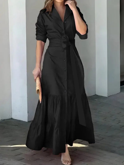 JANE'S Damen Langarm Rüschen Taillengürtel Strickkleid Maxi Hemd Kleid