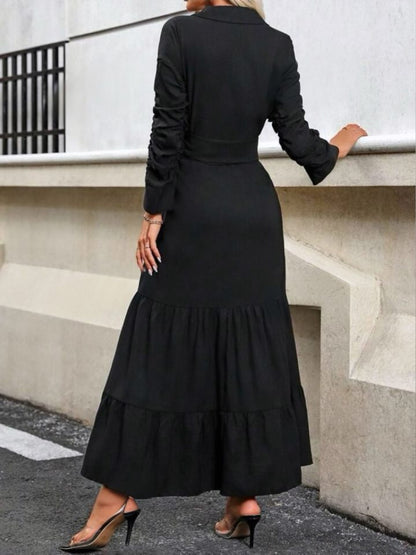 JANE'S Damen Langarm Rüschen Taillengürtel Strickkleid Maxi Hemd Kleid