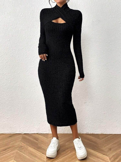 Damen Cross-Neck Detail Shirred Waist Midi Kleid