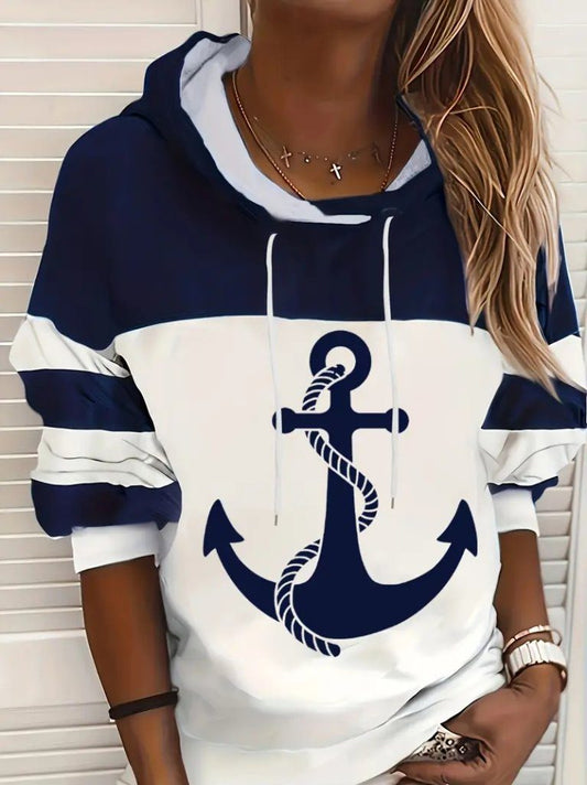 JANE'S Damen Kapuzen Langarm Anker Muster Scuba Bluse
