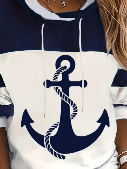 JANE'S Damen Kapuzen Langarm Anker Muster Scuba Bluse