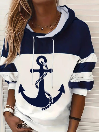 JANE'S Damen Kapuzen Langarm Anker Muster Scuba Bluse