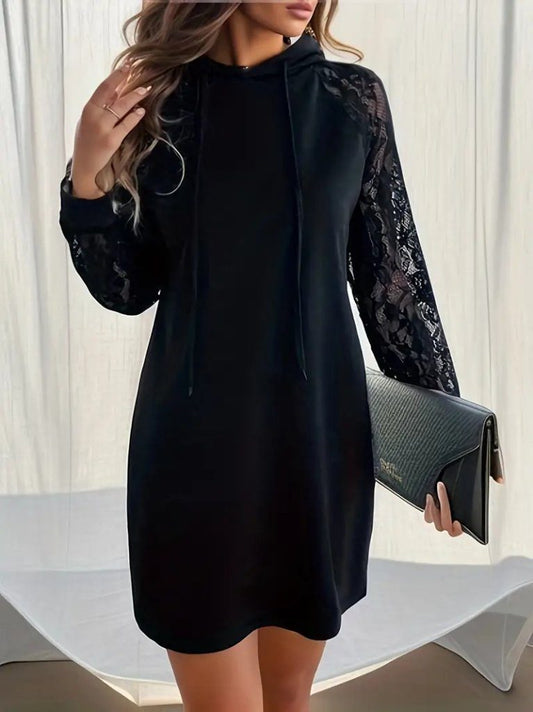 Damen Spitzen-Kapuzen-Kurzkleid mit langen Ärmeln und Schnürung