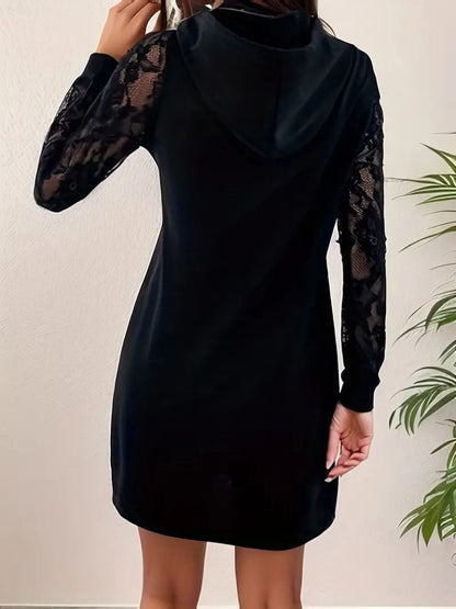 Damen Spitzen-Kapuzen-Kurzkleid mit langen Ärmeln und Schnürung