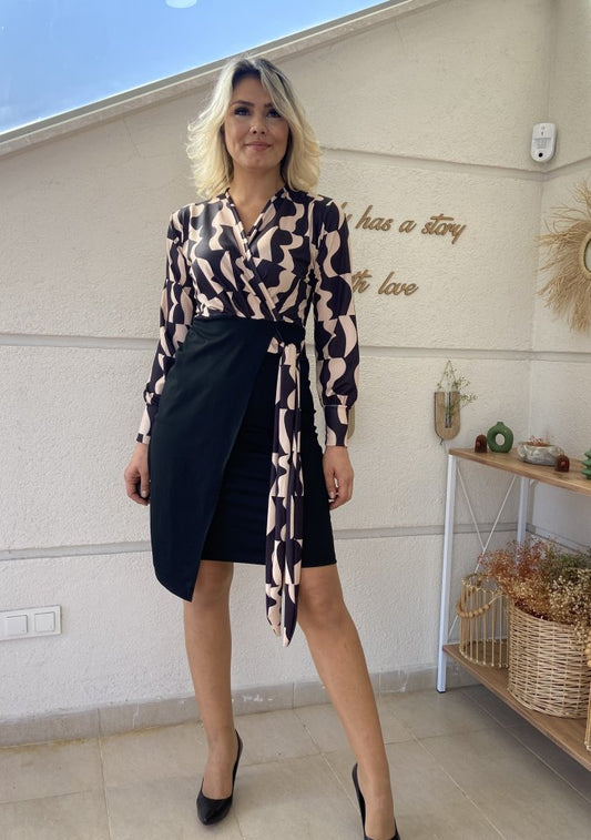 JANE'S Damen Langarm Doppelreihiger Digital Bedrucktes Bogen-Detail Tauchgewebe Kleid