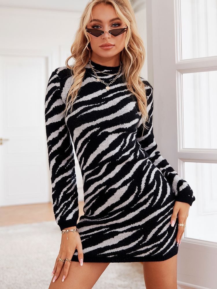 Damen Langarm Zebra Print Strickkleid