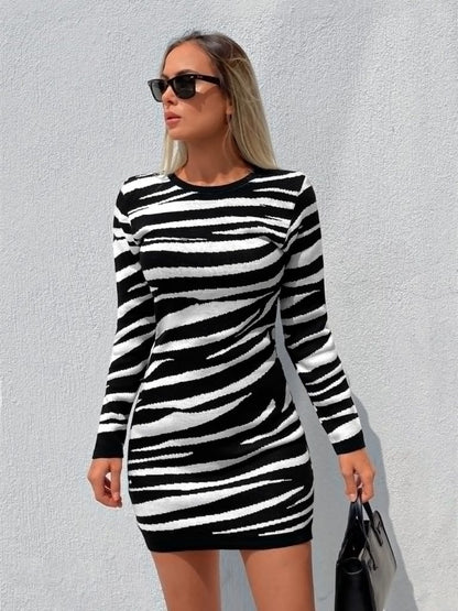 Damen Langarm Zebra Print Strickkleid