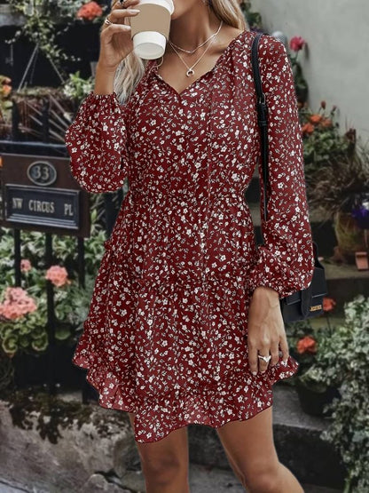 Damen V-Ausschnitt Blumenmuster Kurzarm Kleid