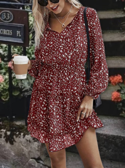 Damen V-Ausschnitt Blumenmuster Kurzarm Kleid