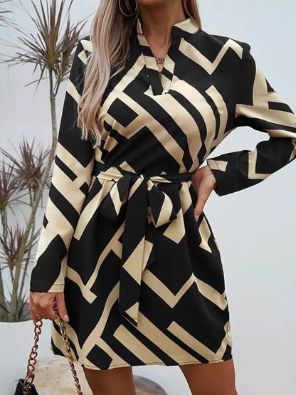 JANE'S Damen Langarm V-Ausschnitt Muster Taillengürtel Tauchkleid