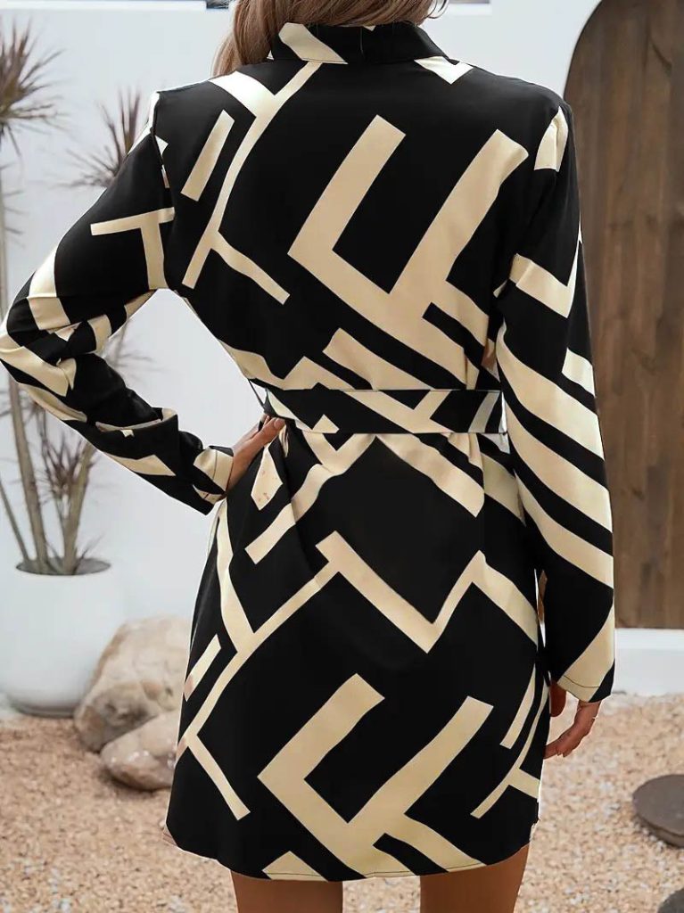 JANE'S Damen Langarm V-Ausschnitt Muster Taillengürtel Tauchkleid