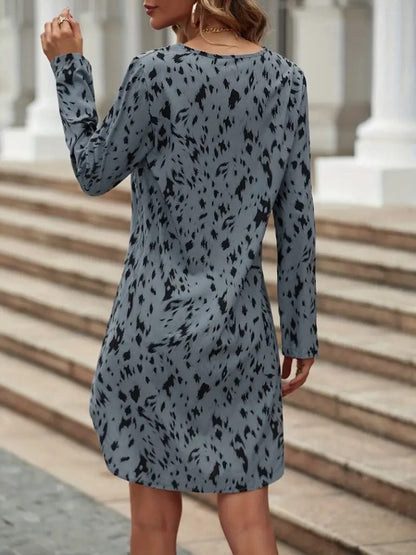 JANE'S Damen Kurzarm Leinenkleid mit V-Ausschnitt und Muster