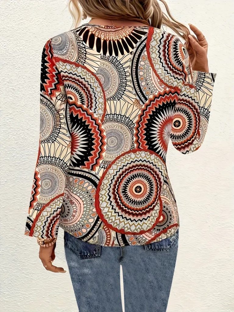 JANE'S Damen Langarm V-Ausschnitt Muster Jersey Bluse