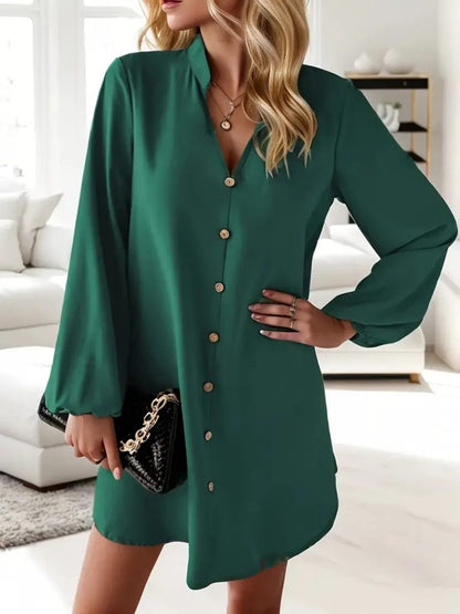 JANE'S Damen Langarm V-Ausschnitt Knopfleiste Kurzes Sandy Kleid