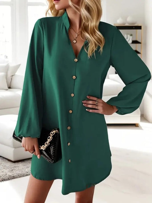 JANE'S Damen Langarm V-Ausschnitt Knopfleiste Kurzes Sandy Kleid
