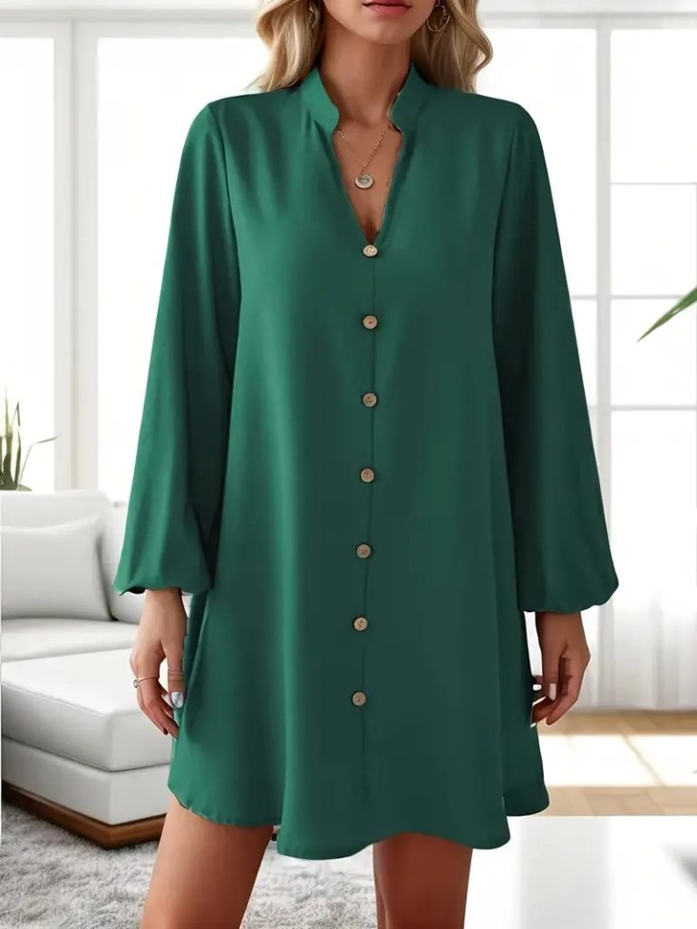 JANE'S Damen Langarm V-Ausschnitt Knopfleiste Kurzes Sandy Kleid