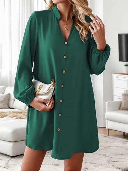 JANE'S Damen Langarm V-Ausschnitt Knopfleiste Kurzes Sandy Kleid