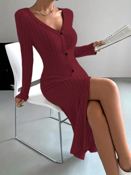 JANE'S Damen Langarm V-Ausschnitt Knopfleiste Camisole Kleid