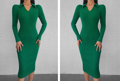 JANE'S Damen Langarm Strickkleid mit Kragen