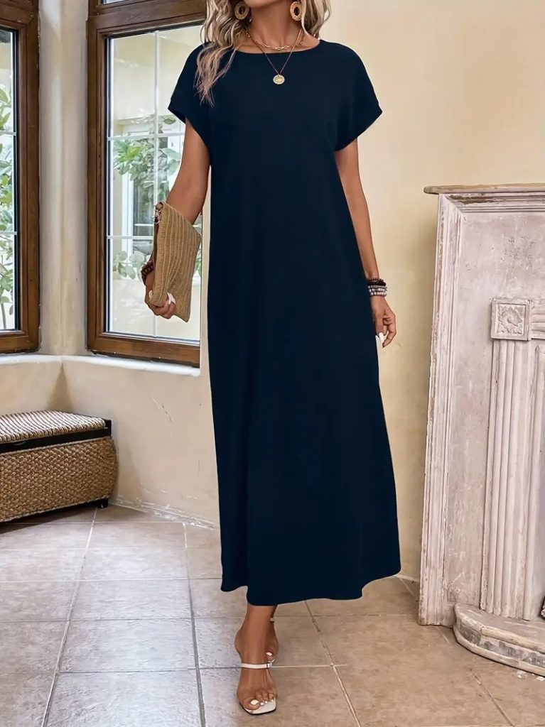 JANE'S Damen Langarm Viskosekleid mit offenem Kragen