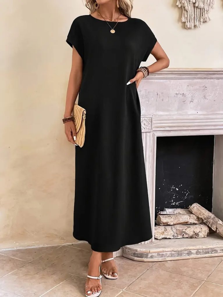 JANE'S Damen Langarm Viskosekleid mit offenem Kragen