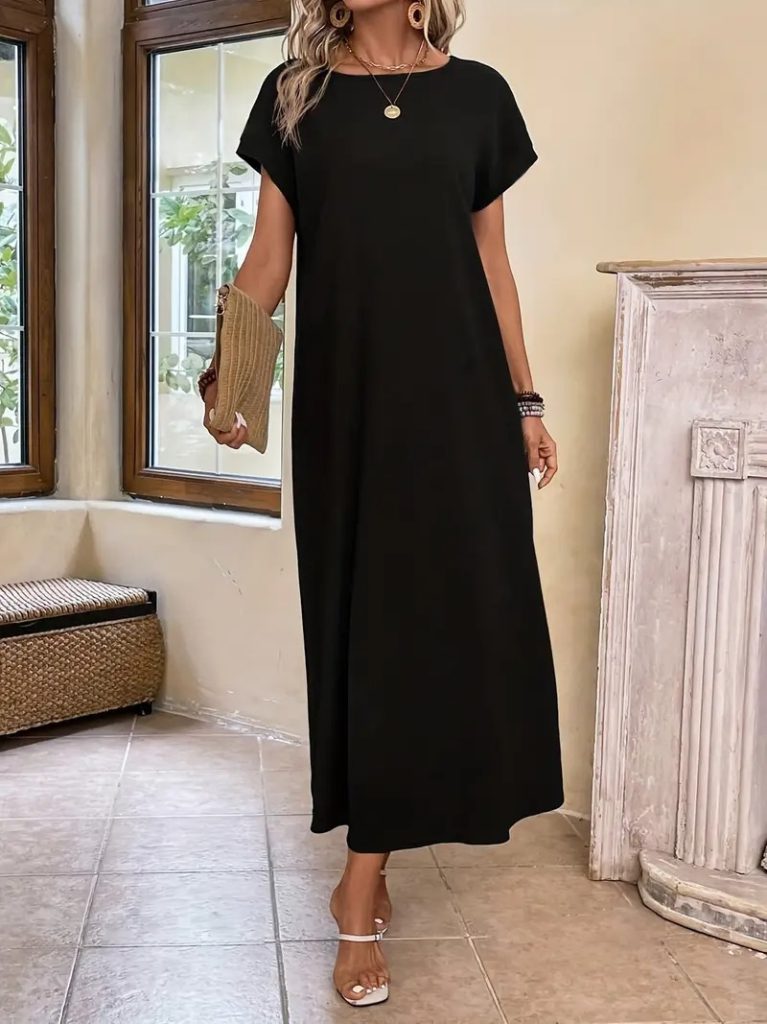 JANE'S Damen Langarm Viskosekleid mit offenem Kragen