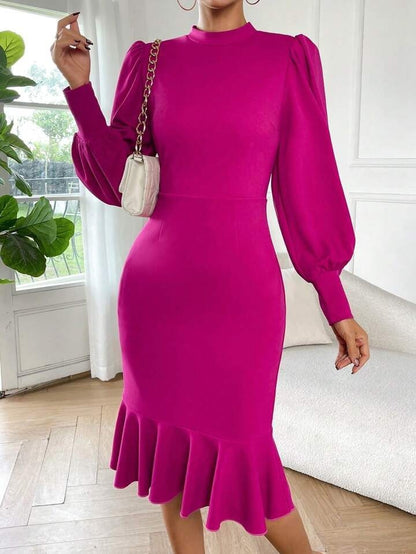 Damen Langarm Fischerhals Rüschen Midi Importiertes Kreppkleid