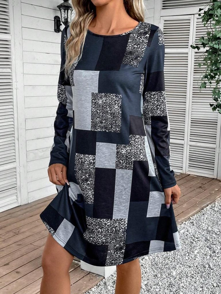 JANE'S Damen Langarm Rundhals Geometrisches Single-Jersey-Kleid