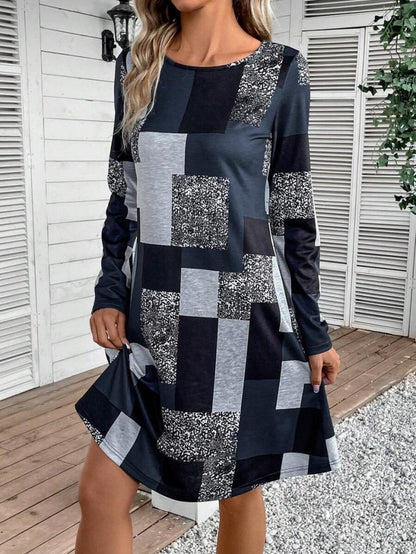 JANE'S Damen Langarm Rundhals Geometrisches Single-Jersey-Kleid