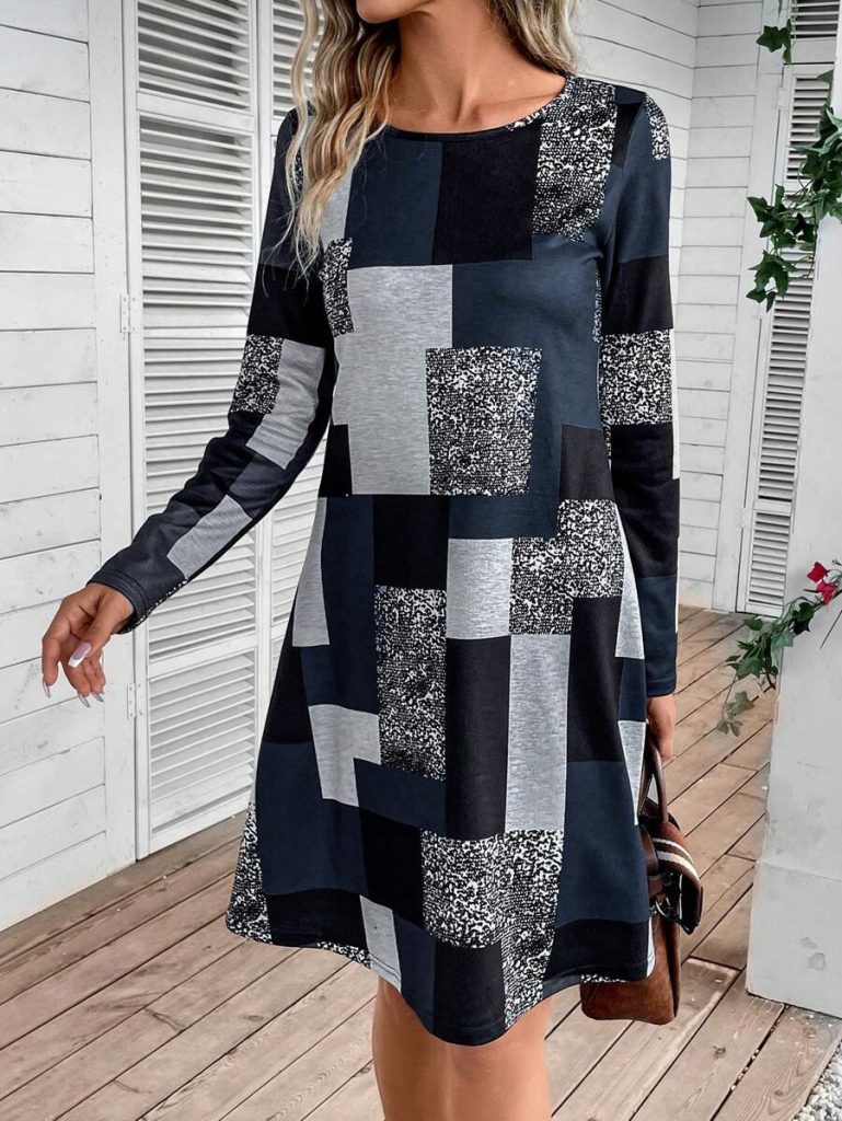Janes JANE'S Damen Langarm Rundhals Geometrisches Single-Jersey-Kleid Çok renkli