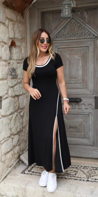 Damen Ripp Rundhals Maxikleid aus Viskose mit Schlitz