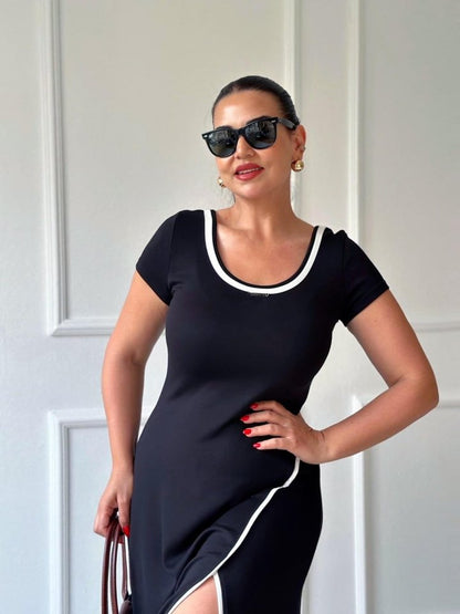 Damen Ripp Rundhals Maxikleid aus Viskose mit Schlitz