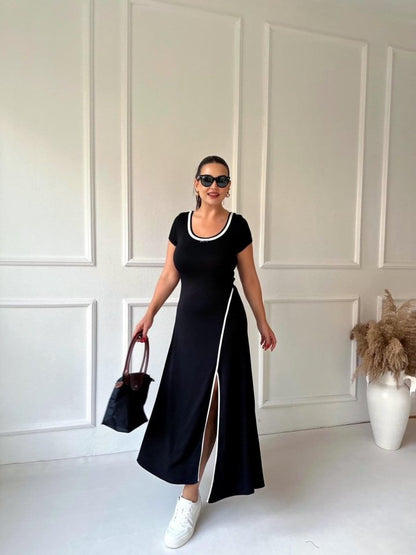 Damen Ripp Rundhals Maxikleid aus Viskose mit Schlitz