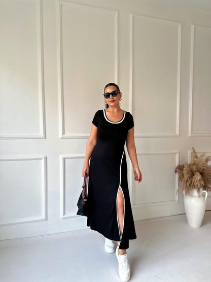 Damen Ripp Rundhals Maxikleid aus Viskose mit Schlitz