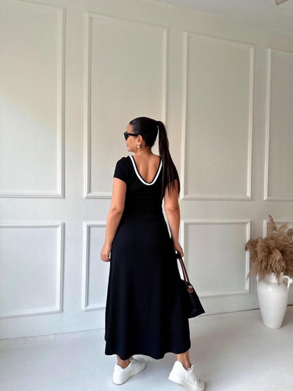 Damen Ripp Rundhals Maxikleid aus Viskose mit Schlitz