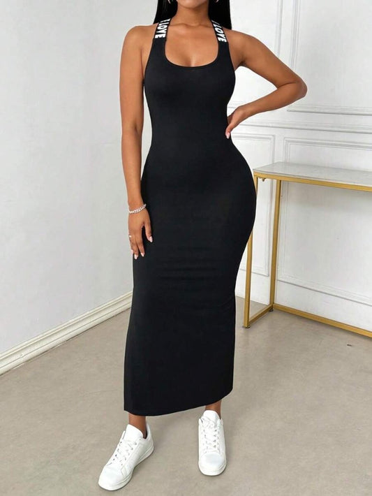 JANE'S Damen Rundhals Rückenkreuz Streifen Liebe Schlitz Viskose Kleid