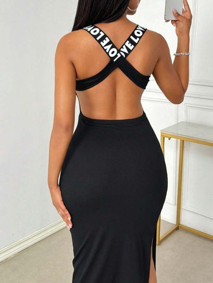 JANE'S Damen Rundhals Rückenkreuz Streifen Liebe Schlitz Viskose Kleid