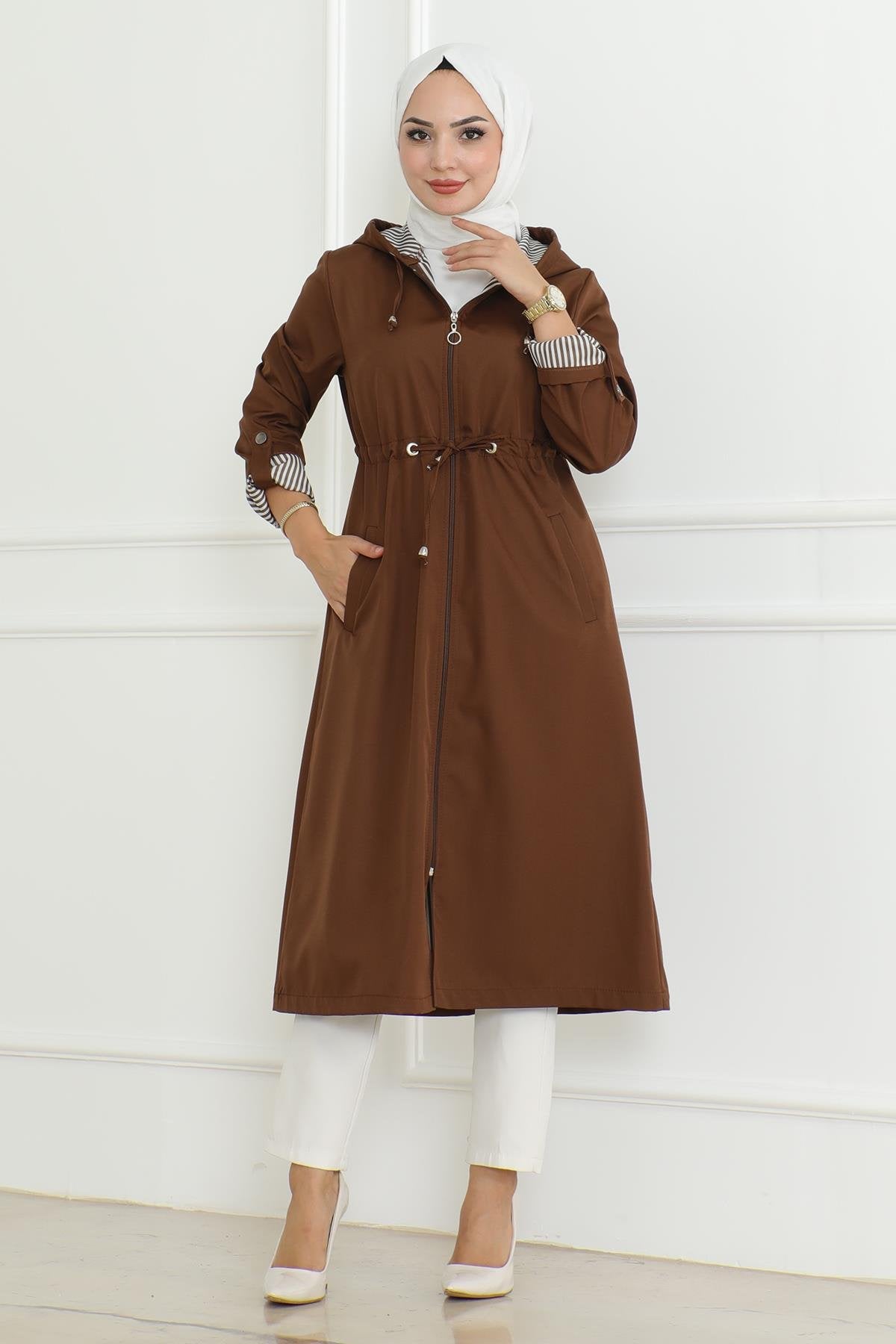 Kapuzen-Zipper-Trenchcoat Beige 19205