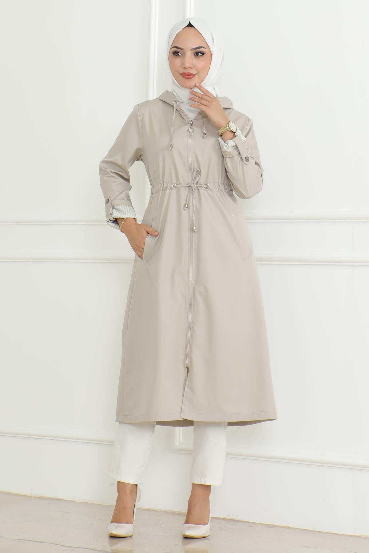 Kapuzen-Zipper-Trenchcoat Beige 19205