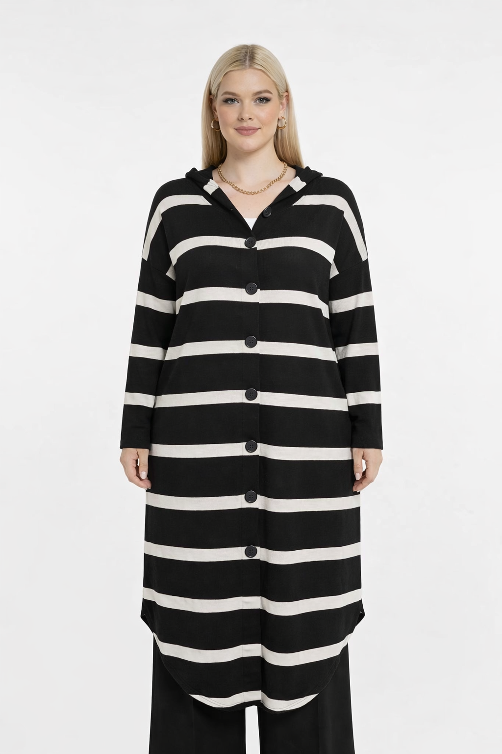 Lange Strickjacke mit Kapuze