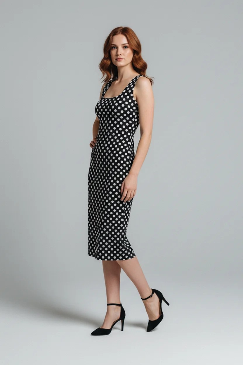 Midikleid mit eckigem Ausschnitt und Polka-Dots